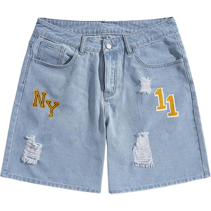 Pantalones cortos de mezclilla desgastados multicolor personalizados para hombre al por mayor con parche NY 11 pantalones cortos de mezclilla de verano - Product Image 1