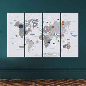Printed Canvas: <b>World</b> <b>Map</b> with Animals <b>Wall</b> Decor for Kids,4P: Gallery Wrapped - Product Image 1
