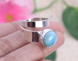 Anillo de Larimar de plata 925 de estilo clásico para mujer, piedra preciosa cortada, declaración, compromiso de boda, regalo de aniversario, ajuste de bisel con incrustaciones - Product Image 2