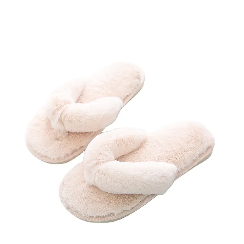 Custom Solid Color Fluffy Autumn Winter indoor outdoor soft warmth Faux Fur Flip Flops plush slippers for womens