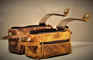 Vintage Leather Toiletry <b>Bag</b> Medium Capacity Double Zipper Closure Soft Handle Travel Dopp <b>Kit</b> - Product Image 4