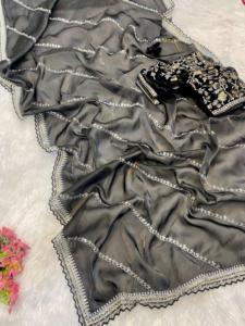 Boutique indienne de vêtements de fête Designer Crystal Silk Black Sari Ethnic Fancy Blouse Exclusive Latest Wedding Festival Wear pour les femmes - Product Image 4