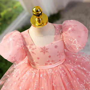 Vestito Estivo Rosa per <span class=keywords><strong>Bambina</strong></span>, con Scollo a O, Lavorato all'<span class=keywords><strong>Uncinetto</strong></span>, in Raso Tinta Unita, Lunghezza al Ginocchio, Traspirante, per il Primo Compleanno, Stile Principessa - Product Image 2