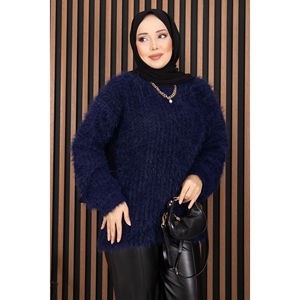 Suéter Azul Marino de Punto Texturizado Suave para Mujer, Transpirable, Estilo Casual de Invierno, con Estampado de Dibujos Animados Bordados - Product Image 4