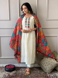 <b>Women</b> Summer Fashion <b>3</b> <b>Piece</b> <b>Suit</b> Pure Cotton Chikan Embroidery Work And Hand Work Top With Pant With Cotton Silk Dupatta - Product Image 2