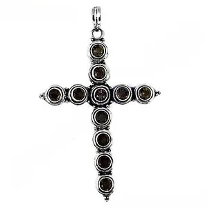 Colgante de Cruz de Plata de Ley 925 con Cuarzo Ahumado, Joyería Religiosa para Mujer, Chapado en Rodio, con Perla - Product Image 3