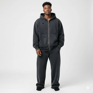 2026 <b>Men's</b> Distressed Printed Tracksuits Streetwear Sweatpants <b>Hoodie</b> Sets Customized <b>Black</b> Acid Wash Zip Jogger 100% Cotton - Product Image 4