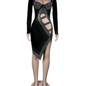 Vestido Mini Sexy de Manga Larga con Diamantes para Mujer, Vestido Ajustado con Bordado de Cuentas, Cintura Natural, Material de PU Metálico Simple - Product Image 3