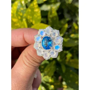 925 Silver Blue Topaz & <b>Moonstone</b> Cocktail <b>Ring</b> Rhodium Plated Marquise Geometric Design Elegant Gemstone Jewelry for Parties - Product Image 1