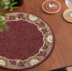Glass Beaded Placemat for <b>Dining</b> <b>Table</b> With Red Gold Silver <b>White</b> Silver Circle Beaded Placemat for Occasional Decoration Party - Product Image 5