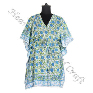 100% algodón de calidad superior bloque de mano impreso Kaftan vestido KFCS016 peso ligero mujeres Casual ocasión desgaste corto caftán vestido - Product Image 1