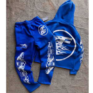 OEM personalizado hombre bordado apliques desgastado Zip up ácido lavado pantalones de chándal y sudaderas con capucha conjuntos acampanados chándales para hombres - Product Image 4