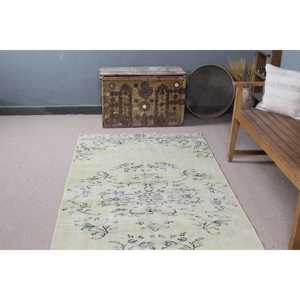 Turkish Vintage Rug 3.7x8.2 ft, <b>Yellow</b> Area Floral <b>Wool</b> Rug - Product Image 4