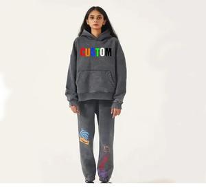 Chándal personalizado con capucha lavado ácido y pantalones de chándal conjunto 100% algodón pesado parche desgastado bordado chándal para hombres - Product Image 2