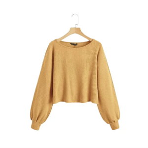 Camisetas de mujer de manga larga corta con logotipo personalizado rib para mujer, Camiseta lisa con mangas abullonadas de diseño personalizado para mujer - Product Image 5