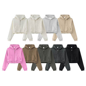 Sudaderas con capucha recortadas personalizadas de peso pesado para mujer 345GSM Fleece Hooded Plain Blank Loose Retro Zipper Hoodies para mujer Hoodies - Product Image 2