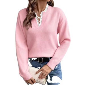 Pull tricoté décontracté pour femme à col en V, avec bordure en dentelle, respirant, séchage rapide, anti-plis – Vente en gros, modèle européen très prisé pour l'hiver/automne - Product Image 4