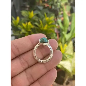 14K <b>925</b> <b>Silver</b> <b>Ring</b> with Natural Stone Pear Cut Malachite Rhodium Plated Geometric Pattern Everyday Wear - Product Image 3