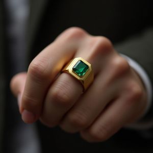 แหวนมรกตวงกว้างสีทอง14K สำหรับผู้ชายชุดฟลัชตามสั่งเครื่องประดับทันสมัยผิวซาติน - Product Image 4