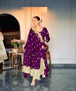 <b>Organza</b> Reception Wear Gown with Sequin Detailing and Sheer Sleeves for Glamorous Appeal Anarkali . - Product Image 1