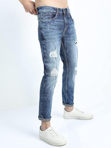2025 nouveau Antique lavage taille haute mince maigre imprimé en détresse taille bleu Denim pantalon hommes décontracté droit Flare grande taille haute - Product Image 6