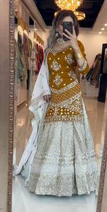 Lehenga de Seda Chinnon Bordada para Mujer con Dupatta, Traje de Boda Color Mostaza y Blanco, Ropa Nupcial India, Vestido de Fiesta Cosido - Product Image 2