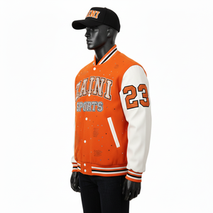 Veste universitaire en laine mélangée de qualité supérieure 450 GSM, panneaux orange et blanc avec broderie en chenille personnalisée, veste universitaire pour hommes - Product Image 2