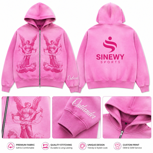 เสื้อฮู้ดซิปสีชมพู SINEWY รุ่น Unisex ผ้าฝ้ายฟลีซ 100% พร้อมลายปักรูปนางฟ้า ออกแบบโลโก้ตามสั่ง สำหรับใส่ลำลอง - Product Image 1