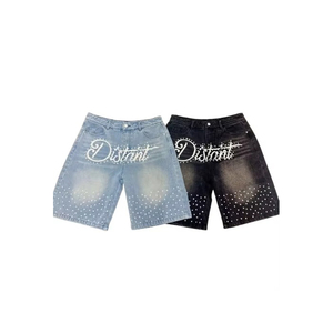 Usine personnalisée tendance High Street lettre hommes Shorts imprimé Denim hommes lâche jambe large strass Shorts - Product Image 6