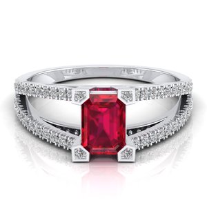 Bague solitaire en argent sterling 925 certifié GRA avec moissanite et rubis taille émeraude, bijoux fins certifiés GRA REYES - Product Image 1