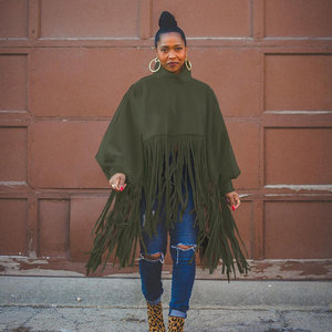 Manteau en laine à manches longues pour femmes grandes tailles avec franges - Product Image 5