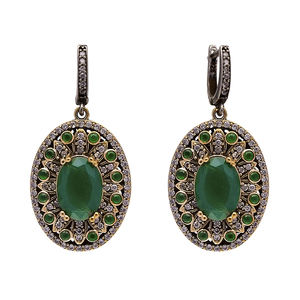 Pendientes Colgantes Ovalados de Esmeralda CZ Auténtica Estilo Otomano, Hechos a Mano en Turquía, Joyería de Plata de Ley 925 al por Mayor - Product Image 1
