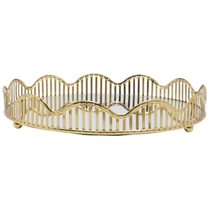 Elegante bandeja de servicio redonda dorada con diseño ondulado y base de vidrio, perfecta para una exhibición elegante y organización de elementos esenciales para el hogar - Product Image 1