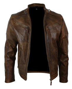 Veste en cuir véritable pour homme, coupe Slim, fermeture éclair croisée, rétro, marron, Biker Rock - Product Image 3