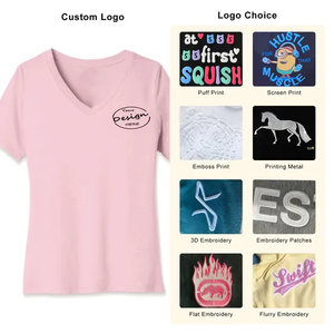 Camiseta de manga corta con cuello en V profundo para mujer, camiseta informal CVC 60% algodón 40% poliéster estampado de secado rápido para verano - Product Image 4