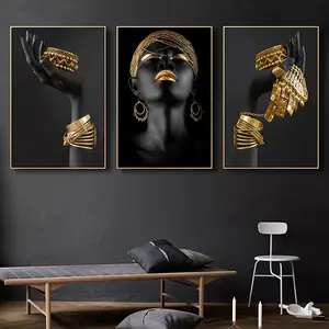 Magnifiques autocollants muraux Femme Africaine 3 pièces, Affiches sur toile Bijoux Dorés, Décoration en tissu pour la maison, chambre et salon, Sans cadre - Product Image 4