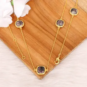 Eudialyte宝石嵌框套装镀金36英寸长链项链设计师宝石饰品
