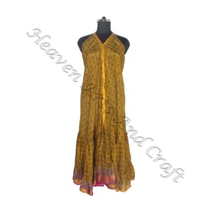 SD005 femmes été Boho Hippie Vintage soie robe licou recyclé Saree longue robe de soirée pour les filles - Product Image 1