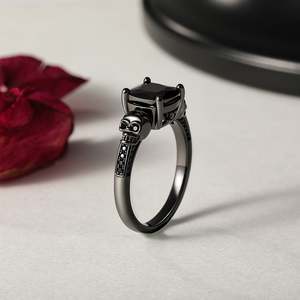 Jeulia Eternal Love Black <b>Skull</b> Cushion Cut Gothic Sterling Silver <b>Ring</b> - Product Image 5