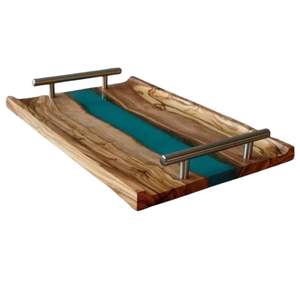 Plateau de service en bois de conception de luxe romantique de fleur plateau de service en résine époxy et en bois plateau de service décoratif avec poignées - Product Image 2