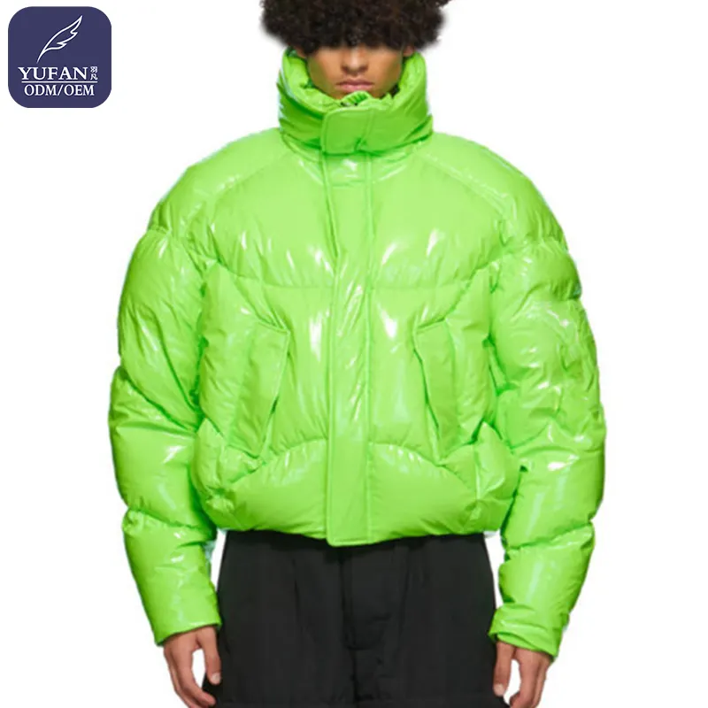 Yufan personnalisé 2023 manteau en duvet vert fluorescent col montant doudoune, doudoune en forme de cocon pour hommes