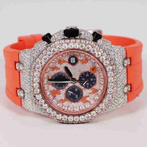 Montre-bracelet de luxe personnalisée pour homme en acier inoxydable avec bracelet en caoutchouc orange, verre serti de diamants de laboratoire de haute qualité, style Hip Hop - Product Image 5