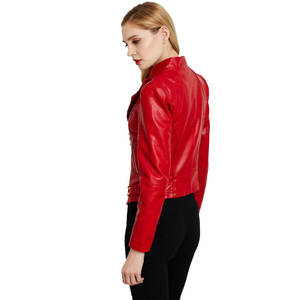 Chaqueta Varsity de Lona con Estampado Rojo y Exterior de PU, Transpirable, Informal de Invierno, Estilo Vintage, Cierre de Cremallera, Corte Ajustado, para Mujer - Product Image 4