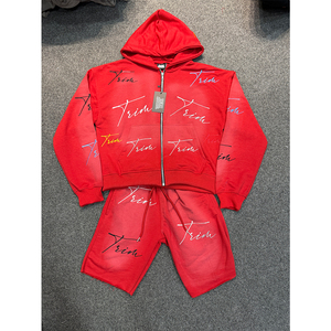 Custom Cotton Fleece Full Zip up <b>Rhinestone</b> Casual Men's Hoodie & Shorts Set Autumn Quick Dry High Quality Wholesale - Product Image 6