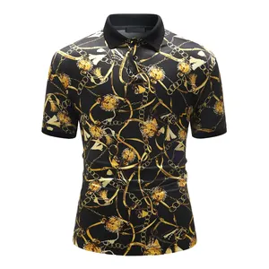 Solid Black Color With Golden color Chain Print Design Wholesale Price Custom Labels Street Polo Shirts