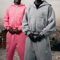 Setelan Hoodie dan Jogger Tracksuit Oversize Model Boxy Jahitan Flatlock Kontras Berat, Custom OEM, untuk Pria