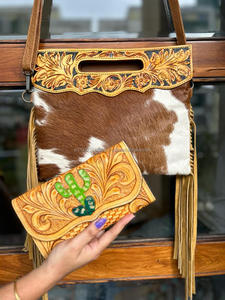 New Western Handcrafted Tooled Hair on Hide Fur <b>Leather</b> Handbag and Embossed Floral Tooled <b>Leather</b> Clutch Hot Selling Combo Set - Product Image 3