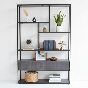KTB68074 Standing Type Decorative Shelf with Drawers 120x38x180cm Rubber Wood and Iron Frame for Living Room - Product Image 3