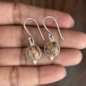 Pendientes de Plata de Ley 925 con Piedra de Jaspe de Diseño Pequeño, Forma Redonda, Regalo Elegante para Mujer - Product Image 3