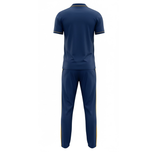 ชุดเสื้อและกางเกงคริกเก็ตแบบซับลิเมชั่นสำหรับผู้ชาย พิมพ์โลโก้ตามสั่ง สีน้ำเงินกรมท่า พร้อมลายกราฟิกคมชัดสีทองและสีเงิน - Product Image 2